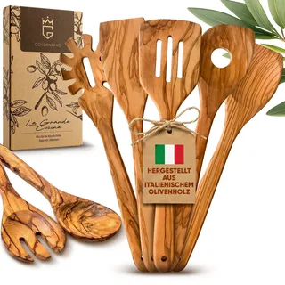 GOLDENBERG® Premium Kochlöffel Set 7-teilig | feinstes italienisches Olivenholz | antibakteriell & langlebig | 2x Pfannenwender Holz, 2x Kochlöffel Holz, Salatbesteck & Spaghettilöffel