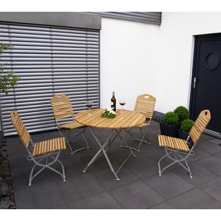 DEGAMO Gartenset Sitzgruppe Gartenmöbelset im Kurgartendesign BAD TÖLZ 5-teilig mit Tisch rund, Flachstahl verzinkt + Holz Robinie, klappbar