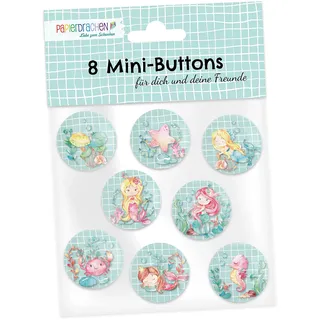 Papierdrachen 8 Mini Buttons (25mm) als Give Away für den Kindergeburtstag | Dekoration für Mäppchen oder Schulranzen | Geschenk zur Einschulung - Design Meerjungfrau - Set 1