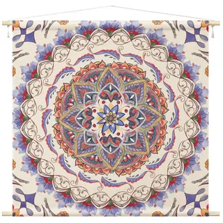 Bilderdepot24 Wandteppich modern Mandala Aquarell Muster Spirituell bunt, quadratisch, Höhe: 2.6 mm, großes Wandbild aus Natur-Baumwolle Wandbehang Stoffbild Tuch Wollseil bunt 90 cm x 90 cm x 2.6 mm
