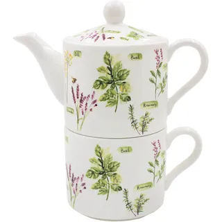 The Leonardo Collection Jennifer Rose Gallery Kräutergarten-Teekanne und Tassen-Set aus Porzellan mit Kräutergarten-Illustration, elegantes Tee-Set, Bauernhaus-Stil, Geschenk für Garten und Tee-Liebe