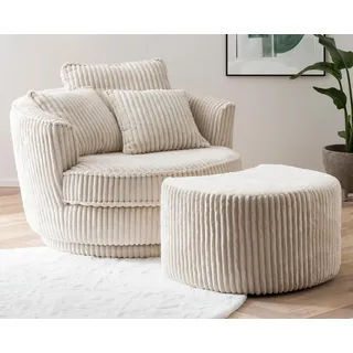 Furn.Design Sessel in beige/wollweiß Cord Stoff XL Drehsessel 360° drehbar inklusive 3 x Kissen Relaxsessel mit Fußhocker Comfy (Wollweiß, Mit Hocker)