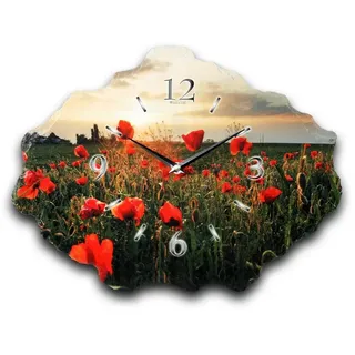 Kreative Feder Wanduhr Design-Wanduhr aus Stein (Beton) „Mohnfeld“ (Funk- oder Quarzuhrwerk; ohne Ticken; elegant, außergewöhnlich, modern) bunt