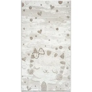Carpet City Kinderteppich Creme, Beige, - 80x150 cm - Tier-Motiv Katze, Herzen - Kurzflor Teppiche Kinderzimmer,