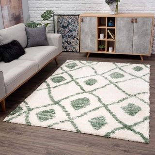carpet city Teppich-Läufer Shaggy Hochflor - Ethno-Stil 80x300 cm Grün Creme - Moderne Wohnzimmer-Teppiche