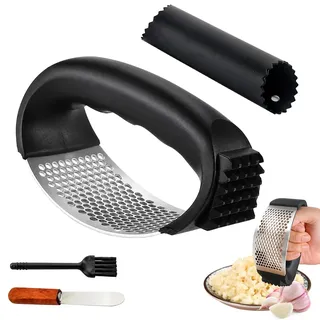 LgCiXli Knoblauchpresse Edelstahl | Ergonomische Knoblauchwippe für müheloses Pressen | Spülmaschinenfeste 304 Profi-Qualität | Inklusive Silikonschäler & Reinigungsbürste