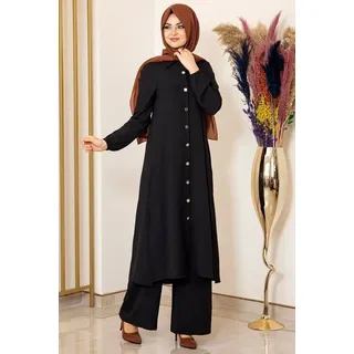 Modavitrini Longtunika Damen Anzug Zweiteiler Lange Tunika mit Hose Hijab Kleidung (NERGIS) Knöpfe, Aerobin Stoff schwarz 48