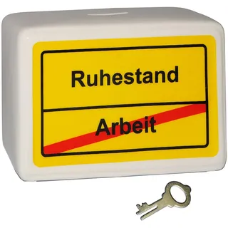 alles-meine.de GmbH große Spardose - Ortsschild - Ruhestand/Arbeit - mit Schlüssel und Schloss - stabile Sparbüchse aus Porzellan/Keramik - Sparschwein - Rente/Rentenbe..