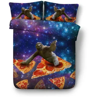 Sticker superb Galaxis Faultier Tier Bettbezug Set mit Kissenbezug, Cartoon Faultier Junge Mädchen Mann Weiche Baumwolle Bettwäsche Set Nicht-Eisen (Galaxis Faultier mit Pizza, 135_x_200_cm)