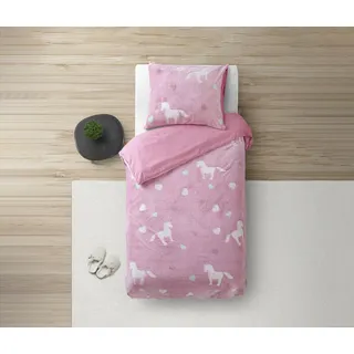 Sleeptime Kinderbettwäsche glow in the dark bettwäsche 135x200cm Unicorn Einhorn Sterne leuchtet, Microfaser, 2 teilig, bettwäsche leuchtend für Jungen und Mädchen als Geschenk Weihnachten rosa