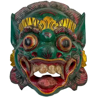 Maske Löwe Raksasa aus Holz 30 cm, Holz-Maske aus Bali, Wandmaske | Handgefertigte Garuda-Holzmaske aus Indonesien mit großen Augen, Fangzähnen und kräftigen Grün-, Rot- und Goldtönen.
