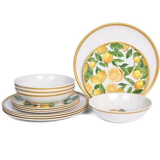 Lechoo Melamin-Geschirr-Set, 12-teilig für 4 Personen, Zitronen-Design, BPA-frei, für drinnen und draußen