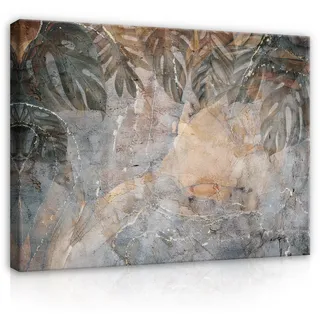 Wallarena Leinwandbild Blätter Monstera Marmor Struktur Wandbild XXL Leinwandbilder Modern, Marmor (Einteilig), Aufhängefertig 120 cm x 80 cm