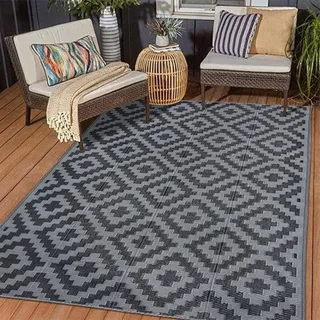 Hiseng Outdoor Teppich Wetterfest, Balkon Camping Teppich, Kunststoff Stroh Outdoorteppich, Wasserfest Terrasse Matte, UV-bestandig Faltbar Rug Carpet für Garten RV, Moderner (Anthrazit,183x274cm)