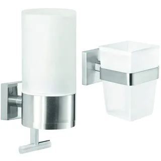 tesa® EXXCLUSIV Seifenspender + tesa® EXXCLUSIV Zahnbürstenhalter, Edelstahloptik, modernes Design, rostfrei, inkl. Klebelösung