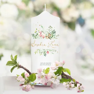 Taufkerze Junge Mädchen Blumen pastell personalisierbar bedruckt mit Namen Datum Taufspruch Taufgeschenk anpassbar, Patenkerze 18 x 7 cm