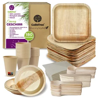 GoBeTree Palmblatt Geschirr Einweg 180 Teile für 25 Personen. Komplettes Set Teller, Becher, Besteck und Servietten für Geburtstag, Catering, Party und Buffet — Naturlook ähnlich Bambus