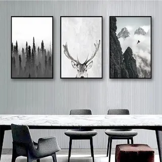 MHLCMG Leinwand Malerei Schwarz Weiß Landschaft Wald Hirsch Bilder Wandkunst Minimalistisch Poster Kunstdruck Bild Wand Wohnzimmer Schlafzimmer Dekor Kein Rahmen (3X20X30CM)