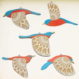 EMINGSKY 5 Stück Holzvogel Wandkunst Holz fliegende Vögel Wanddekoration Boho Home Decor Rustikale Volkskunst Hängende Deko für Wohnzimmer Schlafzimmer Küche Büro (Blaugrün)