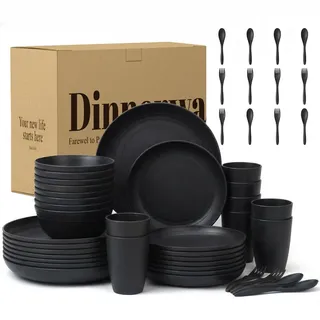 Wrova Wiederverwendbar Plastik Geschirrset Schwarz Teller Set 48-Teiliges | Camping Teller 8 Personen- und Schüssel-Sets mit Gabeln und Löffel Set Leicht Geschirr für Küche, Schule Spülmaschinenfest