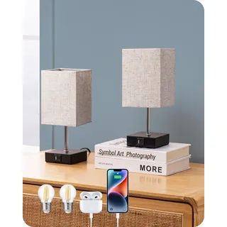 EDISHINE LED Nachttischlampe Schreibtischlampe Touch Dimmbar, 2er-Set Tischleuchten mit USB, LED wechselbar, warmweiß, kleine Tischlampe mit Ladefunktion für Fensterbank, Geschenk beige|schwarz