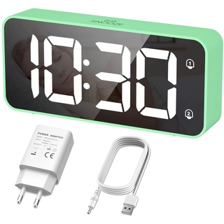 HERMIC Wecker Digital, Digital Uhr mit Dual Alarm Snooze, Digitaler Wecker Ohne Ticken mit Helligkeit und Lautstärke Regelbar, Tischuhr mit USB Ladeanschluss, 16 Musik, Netzbetrieben