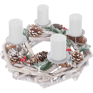 Adventskranz rund, Weihnachtsdeko Tischkranz, Holz Ø 35cm weiß-grau - mit Kerzen, weiß