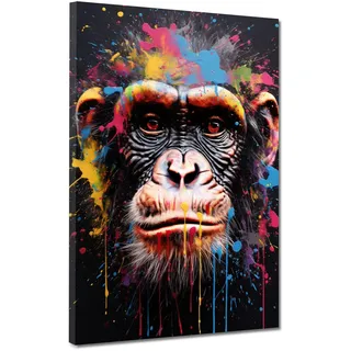 Affe Pop Art Splash Tier Leinwandbild Wandbild Deko XL Kunst Größe 90x120x4cm