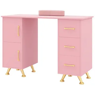 COSTWAY Schminktisch, Maniküretisch,Nageltisch mit 3 Schubladen, Holz rosa