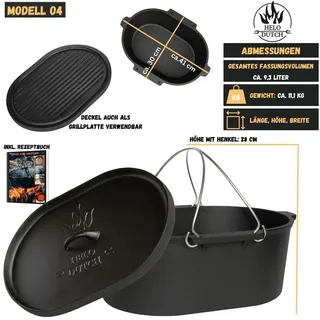 HELO24 Feuertopf Dutch Oven Set Gusseisen Deckelheber Schmortopf Kochbuch 9.3L - O4, Gusseisen 9.3 l