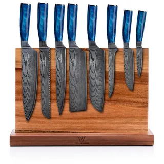 Küchenkompane Messer-Set 9-tlg. Profi-Messerset inkl. Magnet-Messerblock Burokku (9-tlg), 8 Messer Magnet-block, ergonomische blaue Epoxidharz-Griffe, Akazie blau