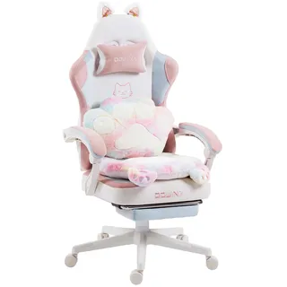 Dowinx Gaming Stuhl Ergonomisch mit Fußstütze, Katzenpfoten Gaming Chair aus Stoff, Flügelloses Sitzdesign, Verstellbarer Gamer Stuhl & PC Stuhl, Gaming Stuhl pink Katze, für Erwachsene,Farbe Weiß