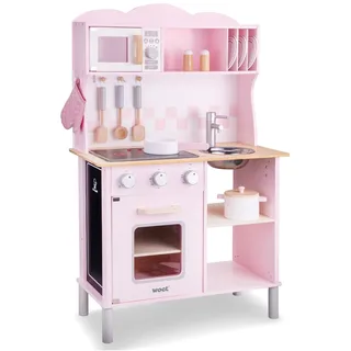 Woet® Rosa Spielküche aus Holz mit Licht und Sound, 12 Zubehörteilen | Spielküche, Holz-Küchenset, Spielzeugofen, Mikrowelle, herausnehmbare Spüle, Kreidetafel, Rollenspiel, ab 3 Jahren
