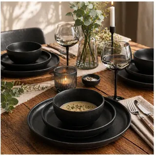 Kütahya Porselen Tafelservice Crouton 12 tlg Geschirrset schwarz matt Porzellan 4 Personen (12-tlg), Mattes schwarzes Design, modernes Erscheinungsbild, 4-Personen Set