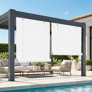HOMEDEMO PE Rollo Outdoor wetterfest, Sichtschutz Sonnenschutz, Bambus Look Rollo für Innen- und außenbereich Bambusrollo Jalousie, Raffrollo für Fenster & Balkon, 130x220cm, Weiß