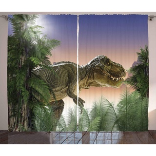 ABAKUHAUS Jurassic Rustikaler Gardine, Dinosaurier im Dschungel, Schlafzimmer Kräuselband Vorhang mit Schlaufen und Haken, 280 x 175 cm, Pfirsich Grün