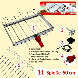 Olymp Mehrfacher Drehspieß für 11 Spieße SESAM mit Motor und Akku! L 62 cm, Breite regulierbar 24-40 cm