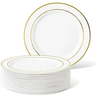 MATANA 50 Premium Weiße Plastik Dessertteller, Kleine Partyteller mit Goldrand, 19cm - Elegant, Stabil & Mehrweg - Hochzeiten, Geburtstage, Taufen, Weihnachten, Grillpartys, Partys