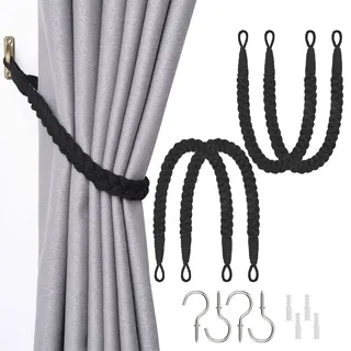 Pretty Jolly Vorhang Raffhalter aus natürlichem Baumwollseil, eleganter, dekorativer Vorhang-Raffhalter im Boho-Stil, weiche, handgewebte Seil-Vorhanghalter für Zuhause und Büro, Schwarz, 4 Stück