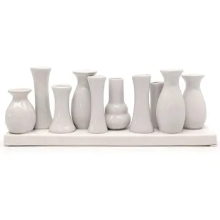 Mea-Living 10 Väschen auf Tablett aus Keramik weiß - 10er Blumenvase aus Porzellan schlicht modern, dekorative Geschenkidee