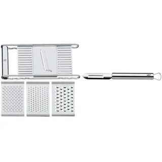 WMF Gourmet Gemüsereibe 12 x 18 cm, Edelstahl Reibe mit 4 Aufsätzen zum Hobeln, Raspeln& Profi Plus Sparschäler 19 cm, Gemüseschäler rostfrei, Cromargan Edelstahl teilmattiert, spülmaschinengeeignet