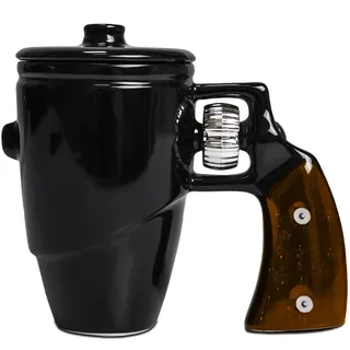 ZONSUSE Revolver Tasse mit Drehbarem Rad, Keramik Kaffeetassen mit Deckel, Pistolen Cappuccino Tassen, Große Kaffeebecher, Lustiges Geschenk für Männer, Kollegen & Waffenliebhaber, 500 ml (Schwarz)