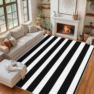 Generisch Gestreift Teppich Wohnzimmer Schlafzimmer, Kurzflor rutschfest Schwarz Weiß Gestreift Deko Teppich, Weich Waschbare Teppiche Gegend, 160x160 cm QAZ43