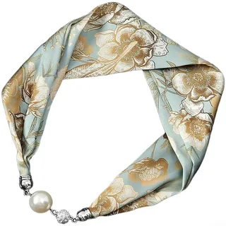 QuivyLivy Damen Schal Halskette mit Magnetverschluss Perlenverschluss Retro Blumendruck Design Simulierter Seidenschal Einfach Snap-On Verschluss Tragen (A)