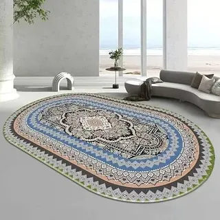 Chanxiang666 Oval Teppich Wohnzimmer, für Dekoration Wohnzimmer, Schlafzimmer, Carpet Room Decor, Retro-geometrisches Blumenmuster in mehrfarbigem Blau und Rosa Oval 120x190cm