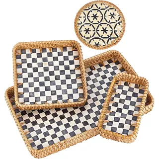 Set Mit 4 Rechteckigem Serviertablett Aus Rattan Mit Perlmuttintarsien Handgeflo