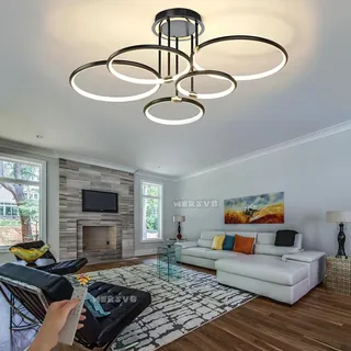 Modern LED Deckenleuchte 105W 5700lm Dimmbar Deckenlampe 5-Ring Wohnzimmerlampe Ringsform Schwarz Schlafzimmerlampe mit Fernbedienung Led Beleuchtung für Wohnzimmer Schlafzimmer Küche Esszimmer