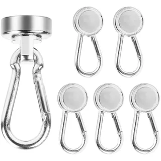 RUNEAY Magnet Haken,6 Stück Magnethaken Extra Stark Neodym Magnet mit Karabiner Drehbar Magnetischer Haken für Küche Badezimmer Schließfächer Garage Fabrik,Silber