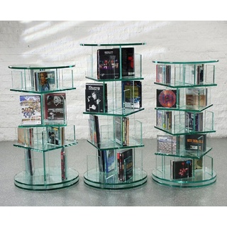Design Objekte Media-Regal CD-DVD-Archiv drehbar aus Glas mit Rollenlager, 5-Stöckig oder 7-Stöckig, 250 CD's bzw. 350 CD's weiß