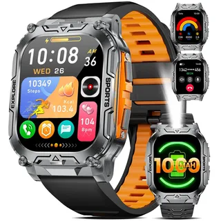 Smartwatch Herren Militär mit 1000mAh Akku/Telefonfunktion, 2.01" HD Display Fitnessuhr mit 24/7 Herzfrequenz/Schlafmonitor/200+ Sportmodi, IP68 Wasserdicht Sportuhr für Android iOS
